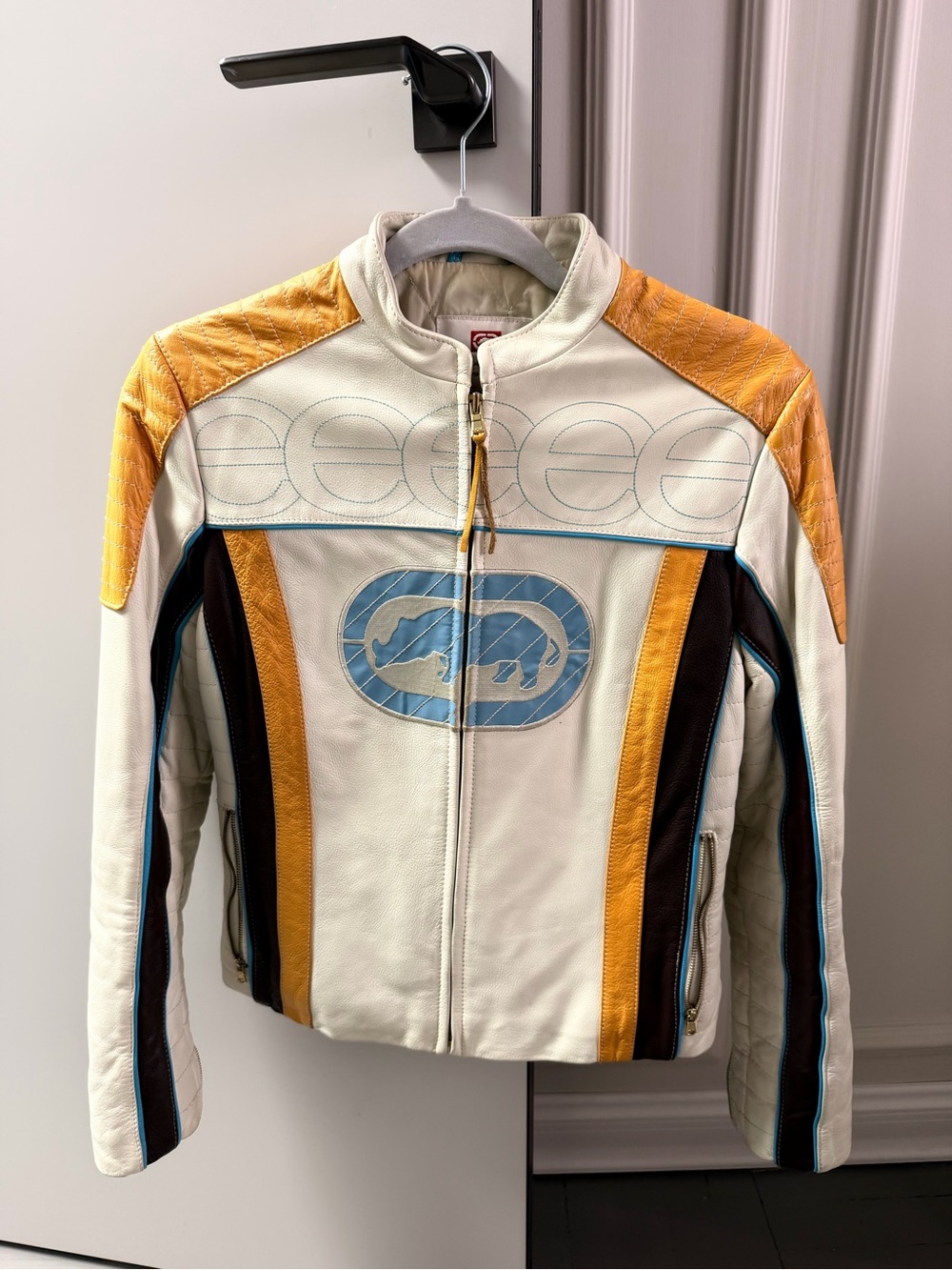 Vintage-Inspired Cream Leather Jacket with Mustard & Brown Accents